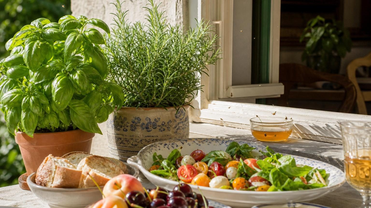 Deux pots de plantes aromatiques placés près d'assiettes et de verres sur une table, avec un bol piège au vinaigre en arrière-plan.