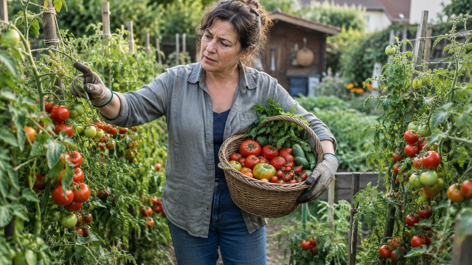 Rangée de plants de tomates en terre, avec diverses variétés à différents stades de maturité : fleurs, fruits verts et tomates rouges mûres