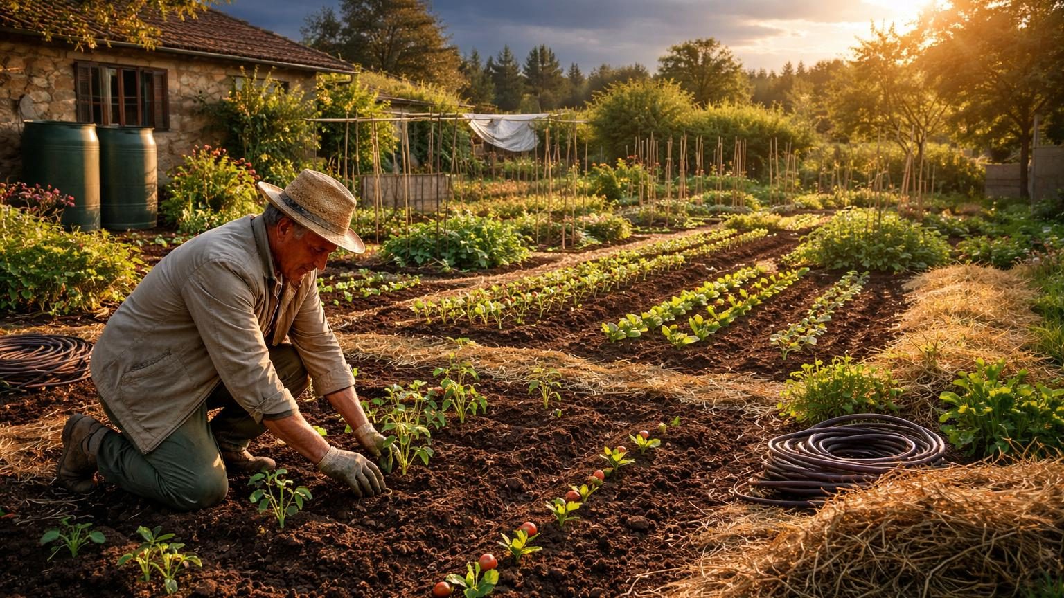 Rangée de plants de tomates avec supports en bois dans un potager bien paillé, exposant un sol travaillé et des réserves d'eau visible en arrière-plan par beau temps de printemps.