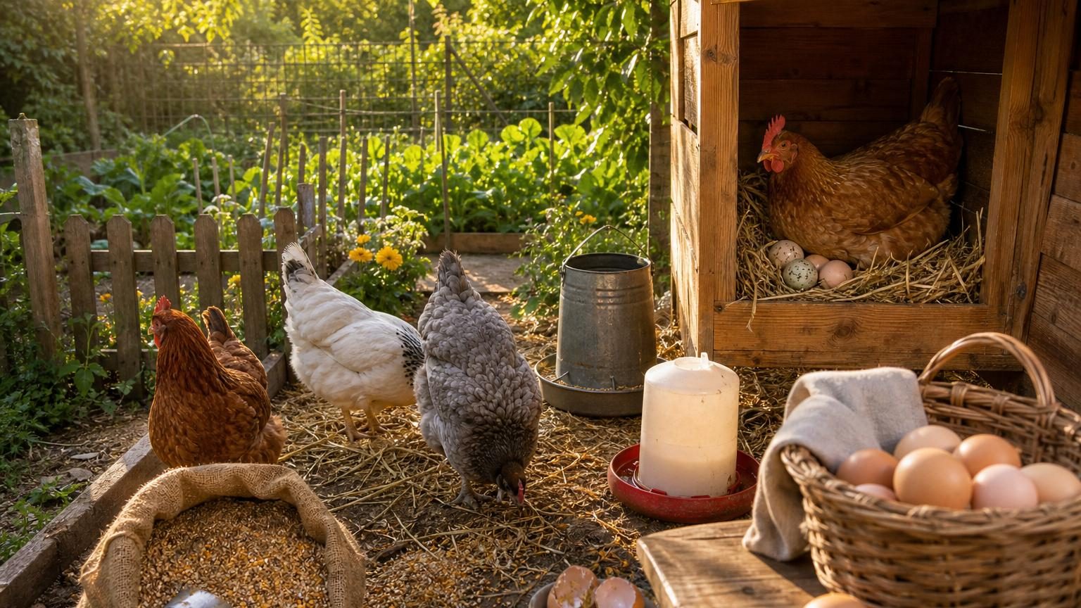 Panier en osier contenant trois œufs frais de poule posé sur une table de cuisine en bois clair