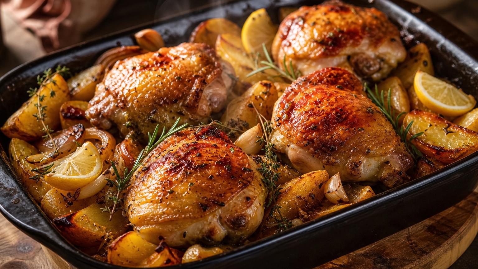 Poulet rôti doré aux pommes de terre croustillantes et ail en quartiers, cuits ensemble dans un grand plat de cuisson en terre cuite.