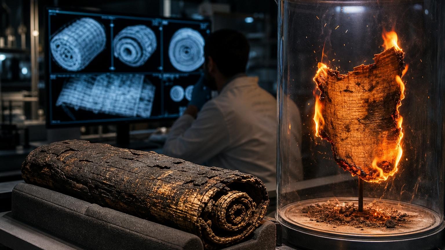 Des fragments de papyrus noircis par la carbonisation, étudiés dans un laboratoire sous des équipements de scan haute résolution.
