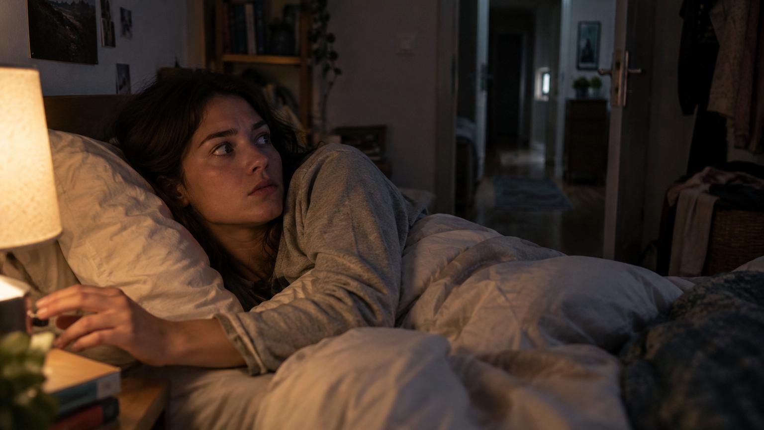 Silhouette d'une personne face à l'obscurité d'un couloir sombre, la main tendue vers un interrupteur, avec des contours flous de meubles et des ombres inquiétantes en arrière-plan
