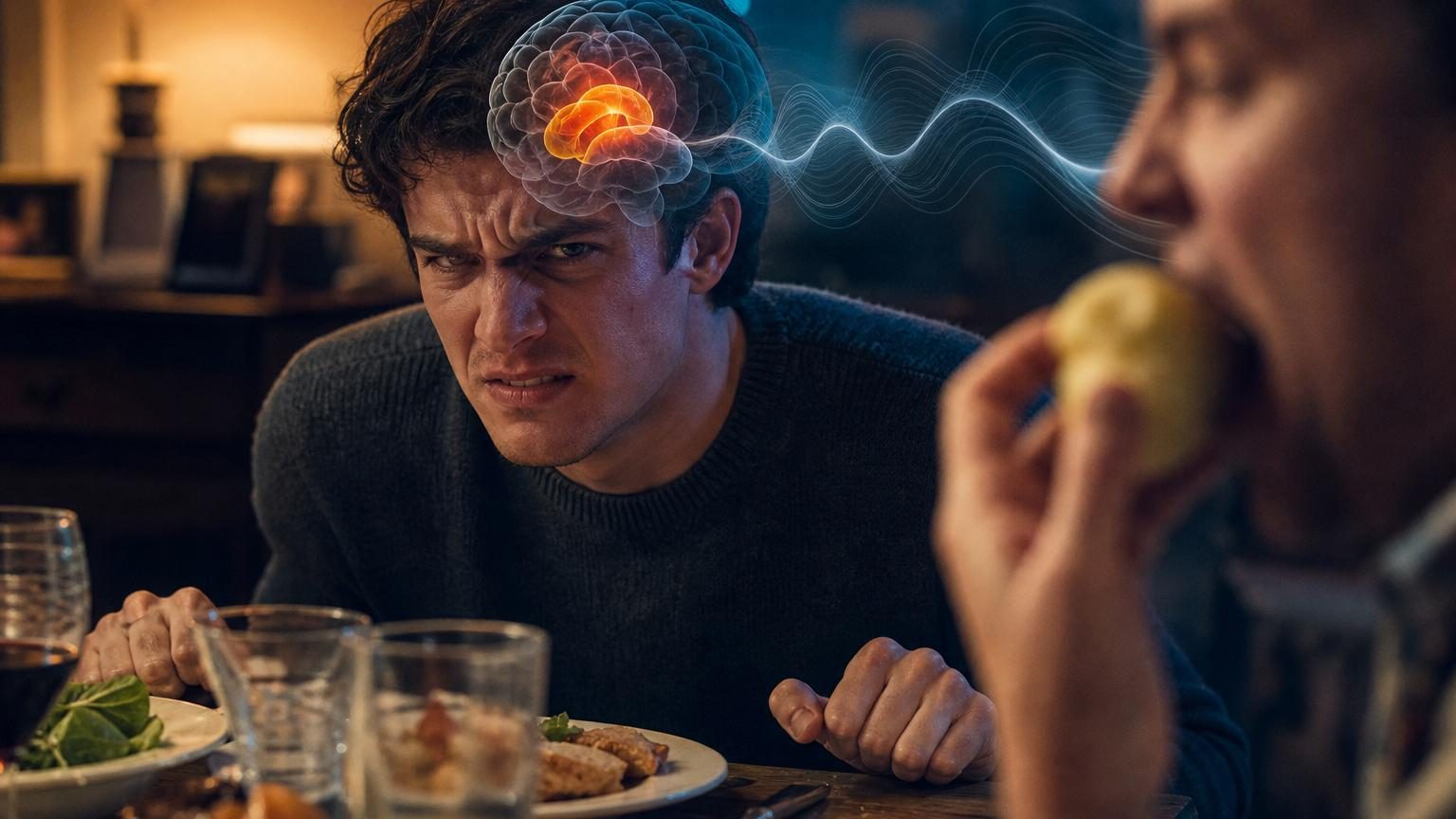 Personne assise à une table, visiblement tendue, face à quelqu'un qui croque une pomme ou des chips, illustrant la réaction instinctive de la misophonie.