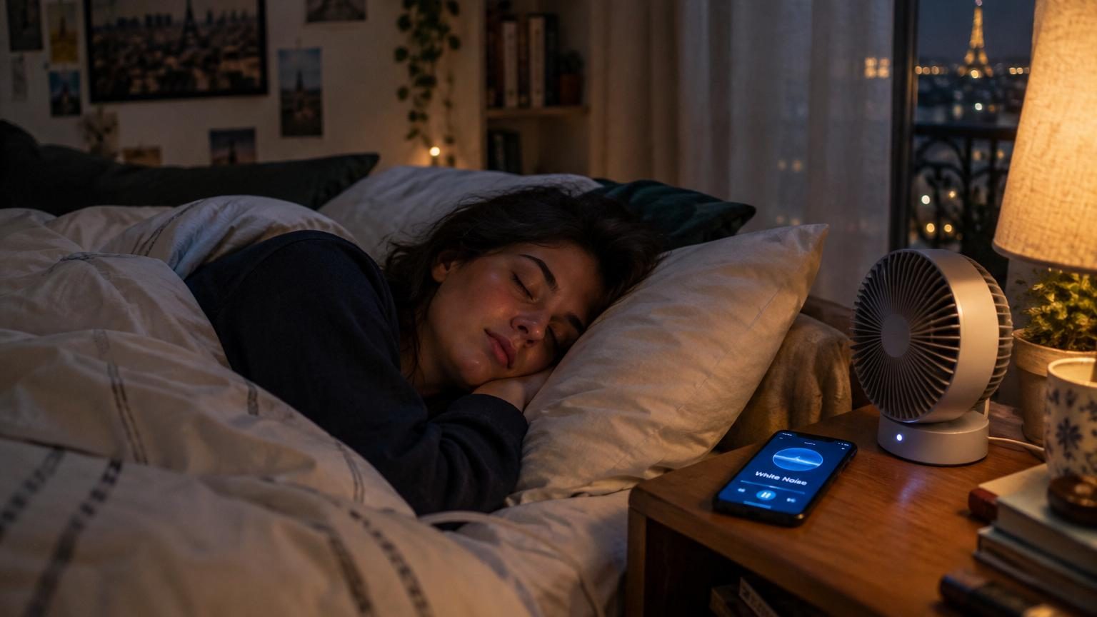 Personne allongée au lit dans une chambre faiblement éclairée, avec un ventilateur qui ronronne sur la table de nuit et un téléphone affichant du bruit blanc, dans une ambiance apaisante de nuit urbaine calme.