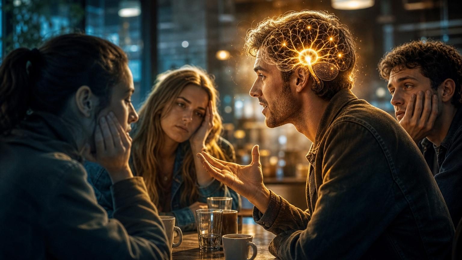 Deux personnes en conversation, l'une parlant avec expression tandis que l'autre écoute attentivement