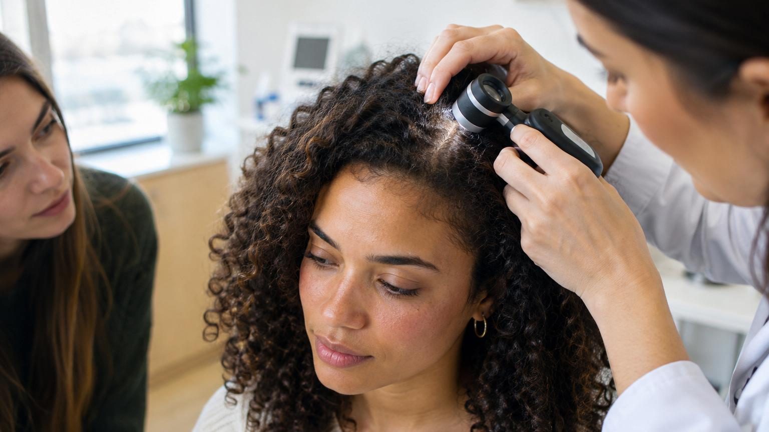 Vue microscopique de follicules pileux : l'un avec une forme asymétrique produisant un cheveu frisé en spirale, l'autre avec une forme symétrique produisant un cheveu lisse et rectiligne.