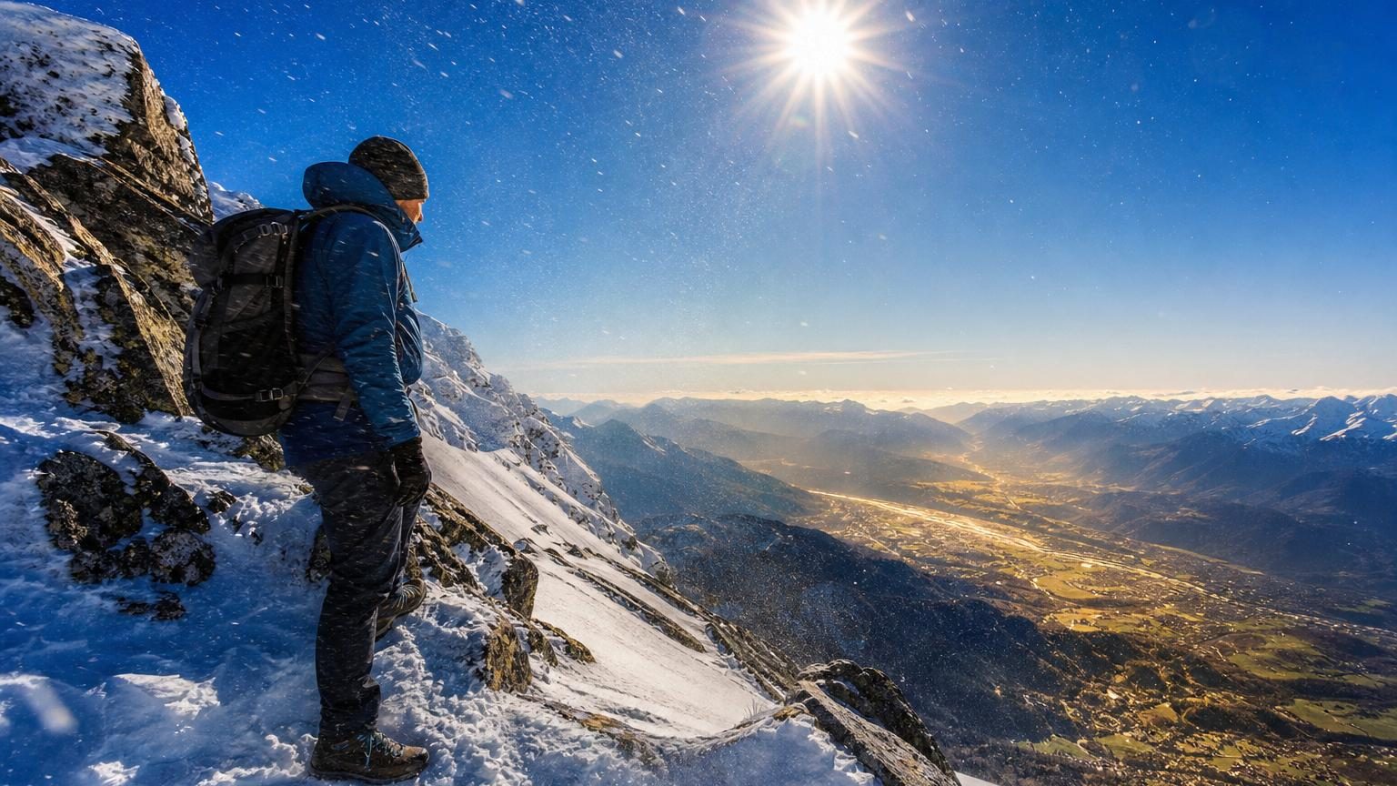 Parking d'une station de montagne ensoleillée avec une voiture au premier plan et des sommets enneigés en arrière-plan sous un ciel bleu éclatant.
