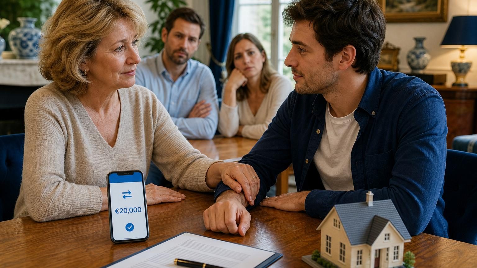Deux mains échangent des billets de banque sur une table avec des documents, symbolisant un transfert d'argent familial sans formalités écrites apparentes.