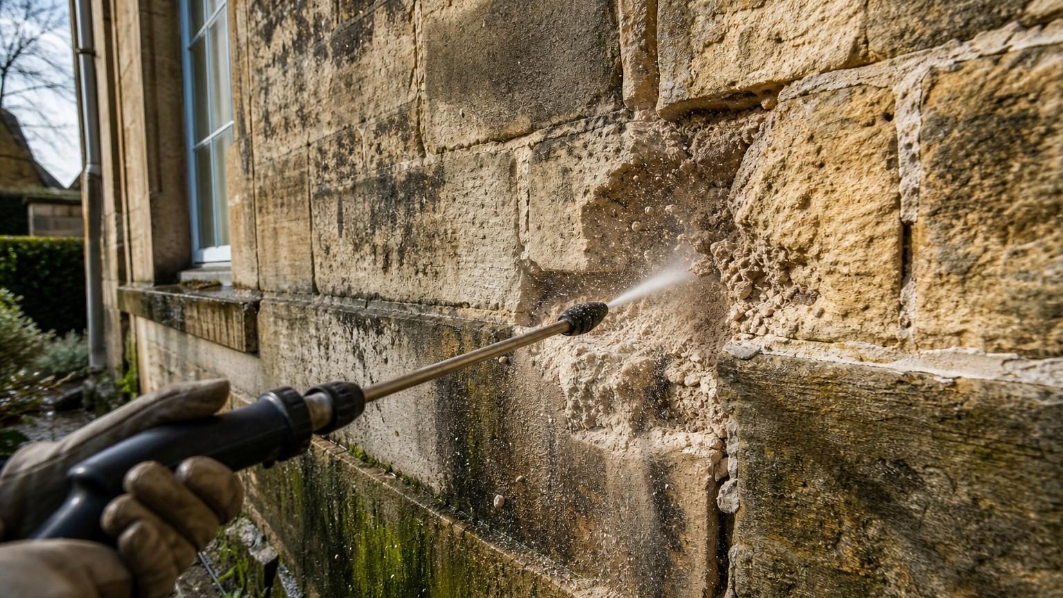 Gros plan sur une façade de pierre ancienne avec des joints friables et des zones d'humidité visible, mettant en avant la fragilité des matériaux historiques.