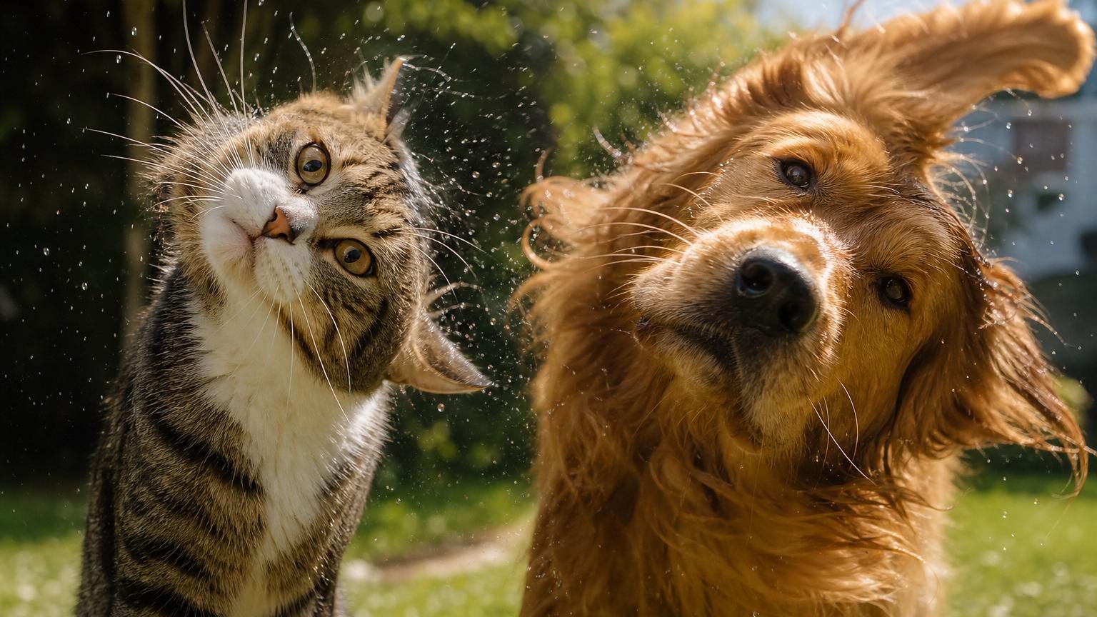 Chat gris secoue sa tête après une caresse derrière les oreilles, avec ses moustaches en avant et ses yeux légèrement fermés d'un air apaisé.
