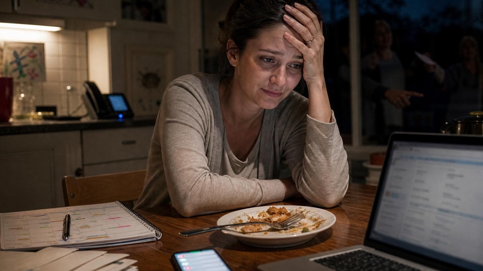 Femme épuisée regardant son téléphone tard le soir, symbolisant la surcharge émotionnelle liée à une disponibilité permanente envers les autres