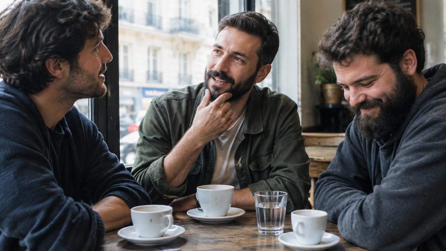 Homme barbu aux contours nets, dans un cadre professionnel urbain moderne, symbolisant l'équilibre entre style personnel et normes sociales.