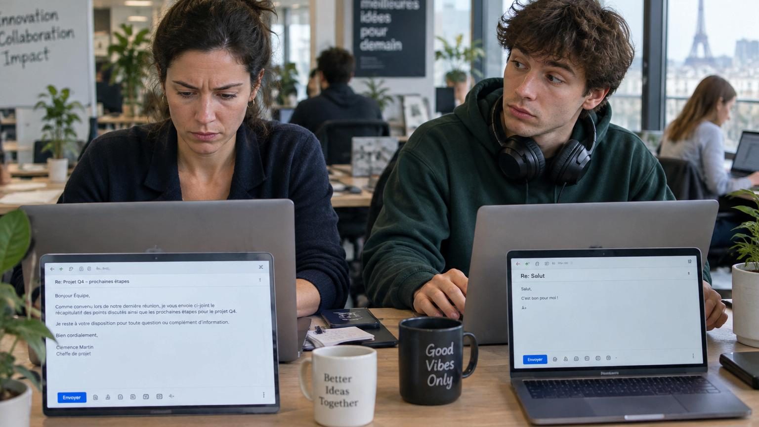 Deux personnes assises face à face à un bureau, l'une d'âge mûr consultant un écran d'ordinateur avec une expression concentrée, l'autre plus jeune affichant une certaine perplexité face à la conversation, symbolisant le fossé générationnel sur les codes de communication par email.