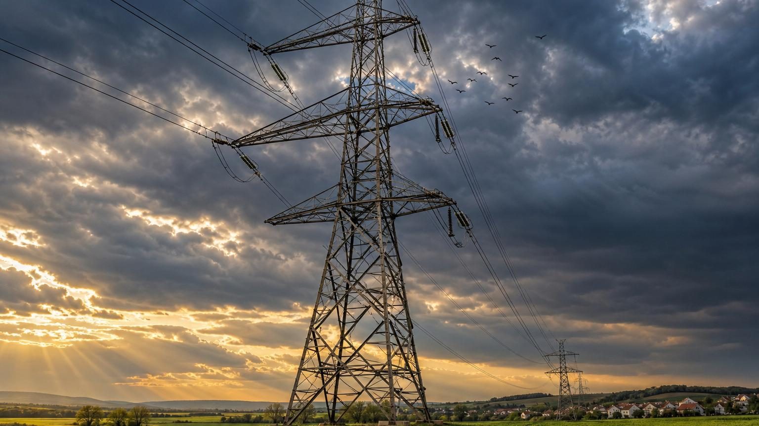 Pylône électrique haute tension avec structure en treillis métallique, bras latéraux et isolateurs, aligné dans un paysage agricole ou de campagne.