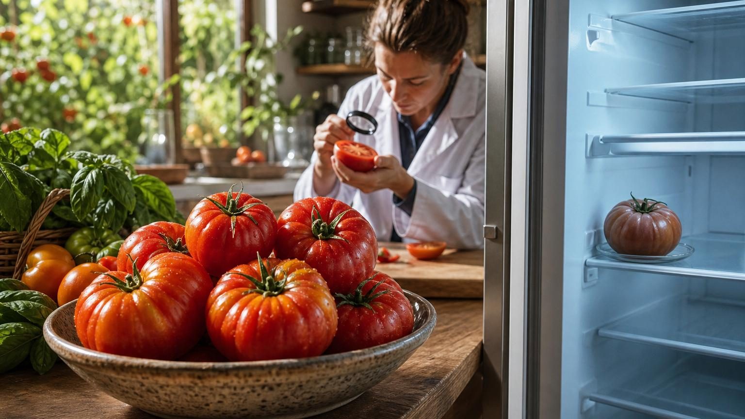 Tomate mûre rouge posée sur un plan de travail à côté d'une assiette blanche, loin d'un réfrigérateur ouvert en arrière-plan.