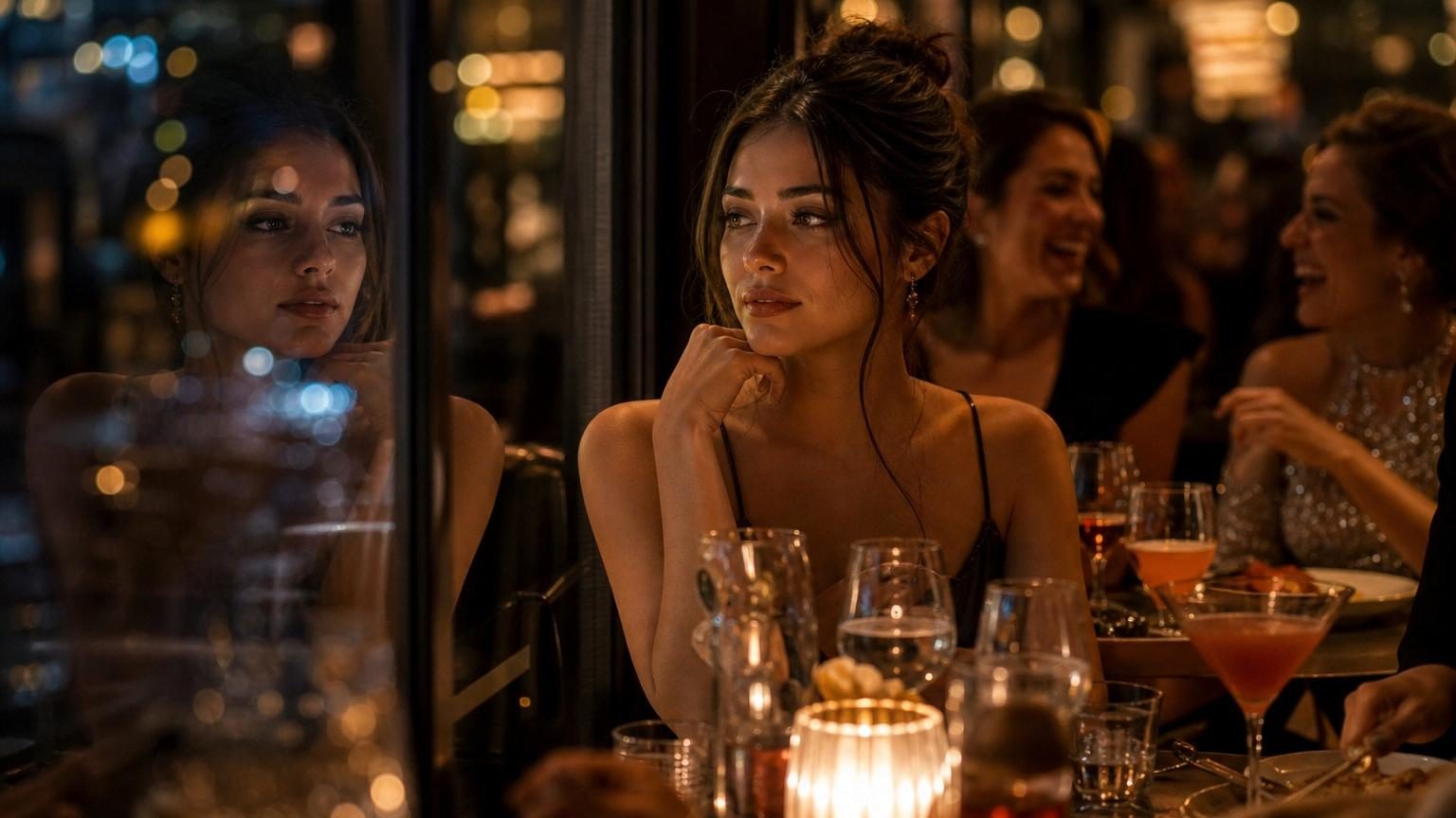 Une femme souriante dans un restaurant bondé, entourée d'amis qui parlent et rient, mais dont le regard semble lointain et détaché.