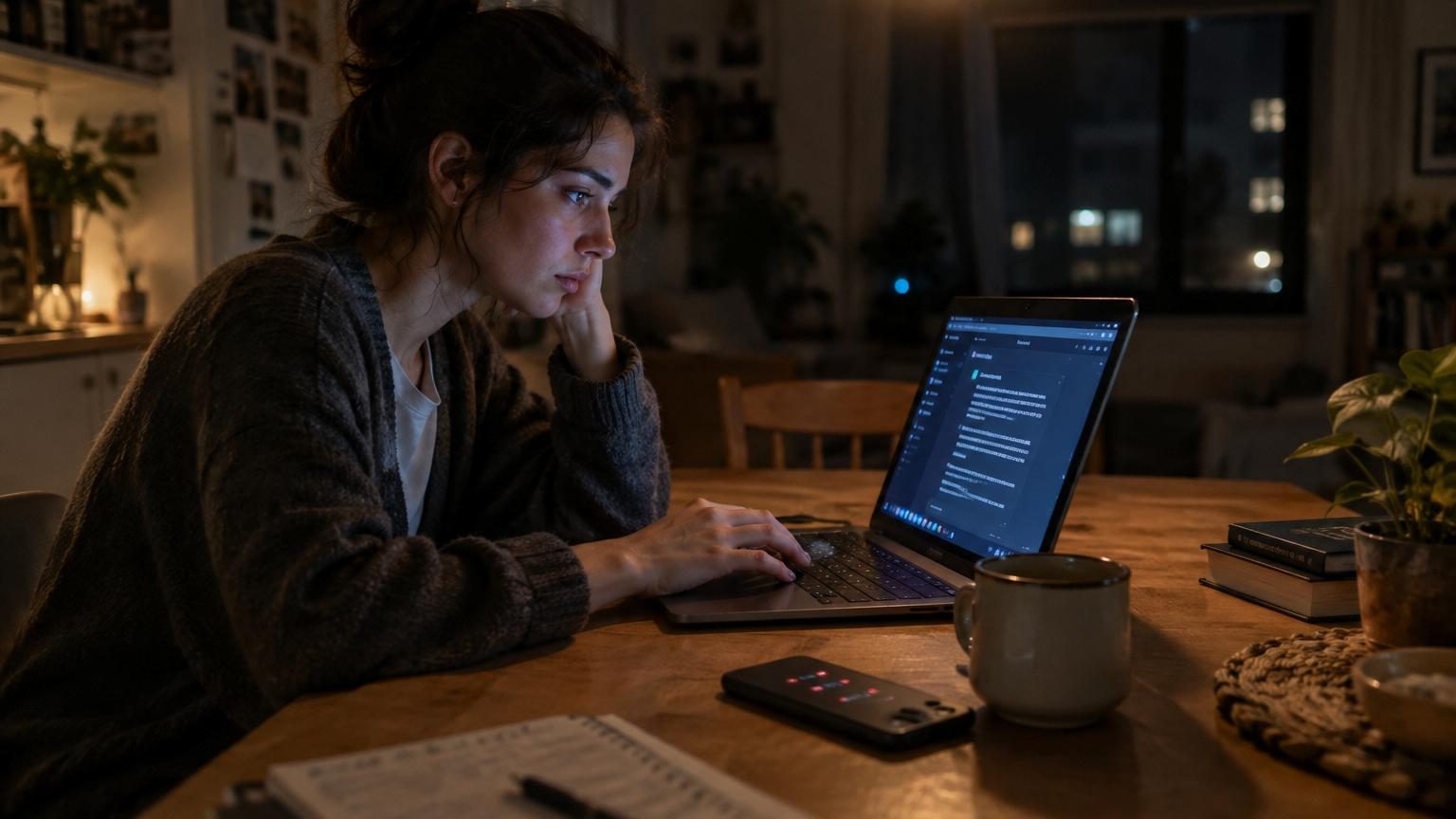 Personne assise devant un écran, regardant une interface de chat avec une intelligence artificielle, représentant la facilité d'accès à une conversation numérique par rapport à un appel à un ami.
