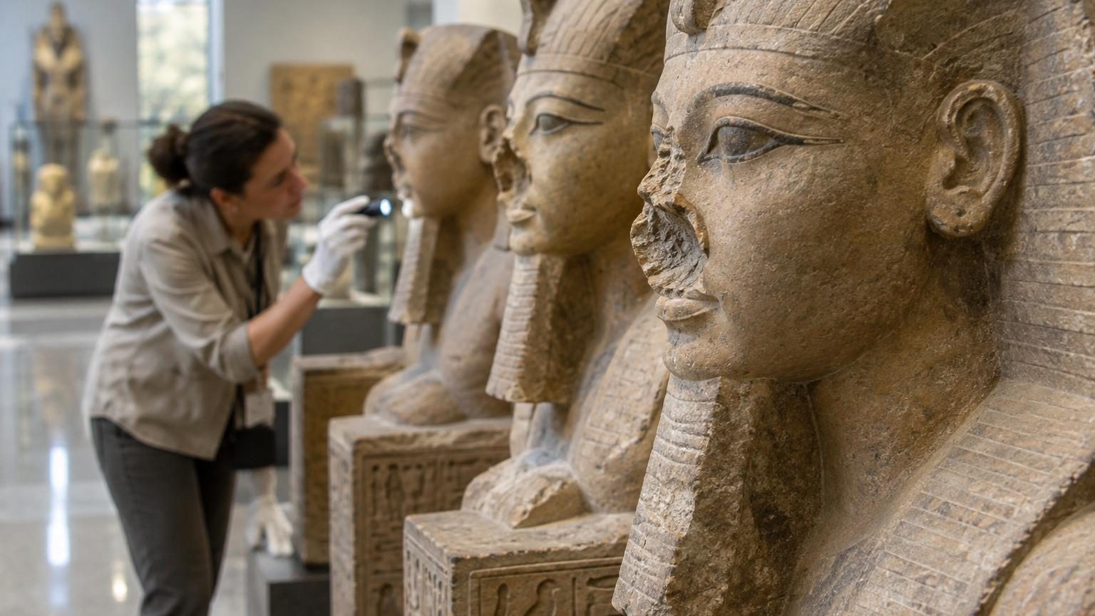 Gros plan sur le visage mutilé d'une statue en pierre égyptienne antique avec le nez cassé et des traces de martelage intentionnel.