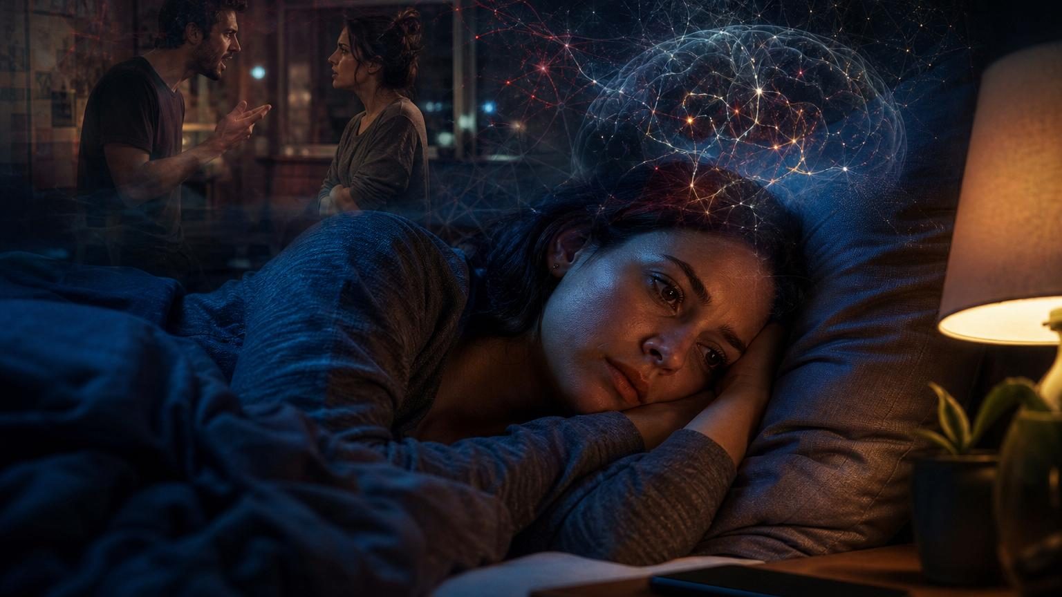 Une personne allongée la nuit dans son lit, éveillée et les yeux ouverts, avec des pensées tourmentées visualisées autour de sa tête.