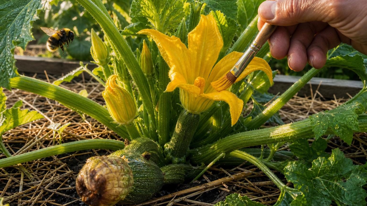 Jeune courgette avec fleur fanée au bout et minuscule fruit vert sur tige vigoureuse