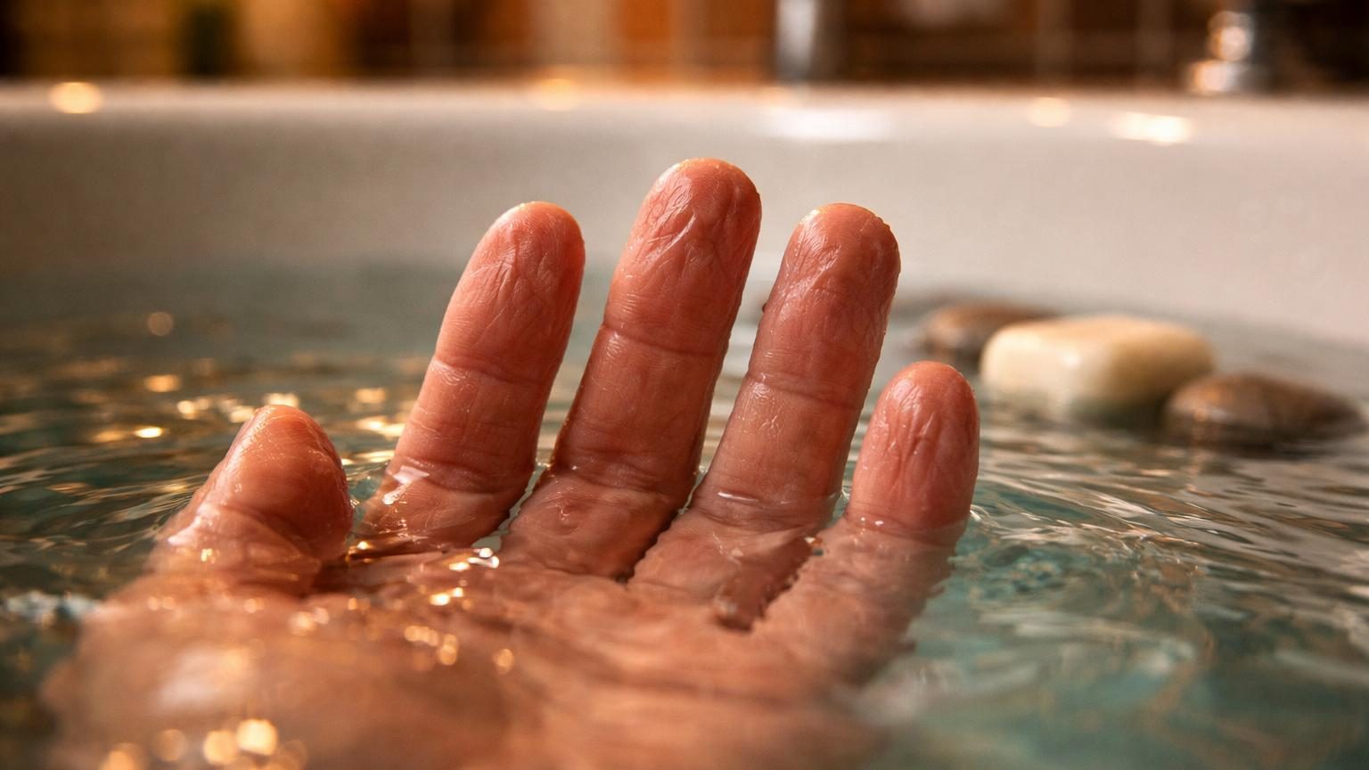 Gros plan sur une main plongée dans l'eau, montrant les doigts avec des rides et des plis marqués sur les pulpes, illustration du phénomène de fripure expliqué par le système nerveux autonome.
