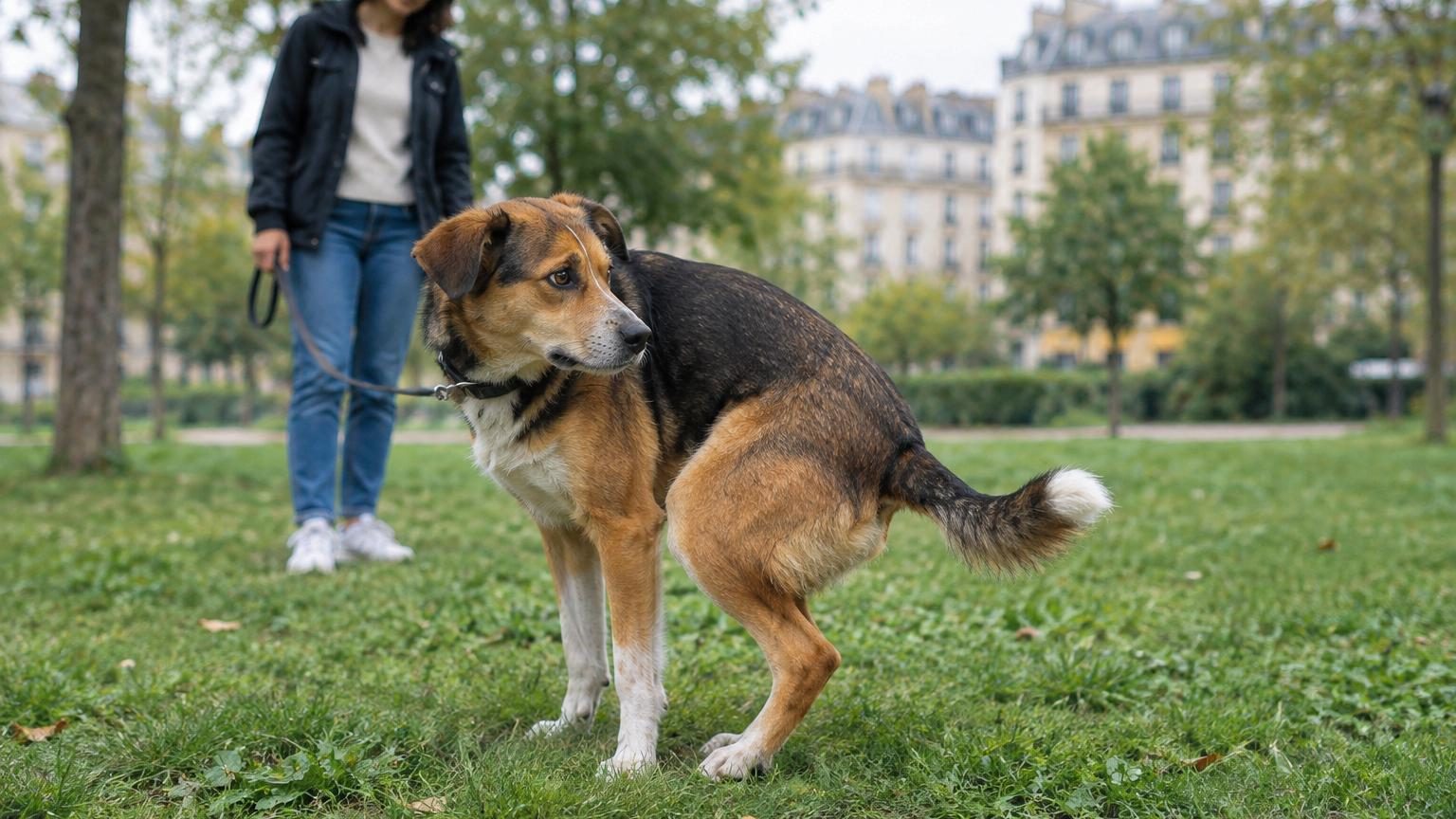 Un chien vu de haut qui tourne en cercle sur l'herbe avant de s'accroupir, avec une boussole invisible suggérant son alignement nord-sud.