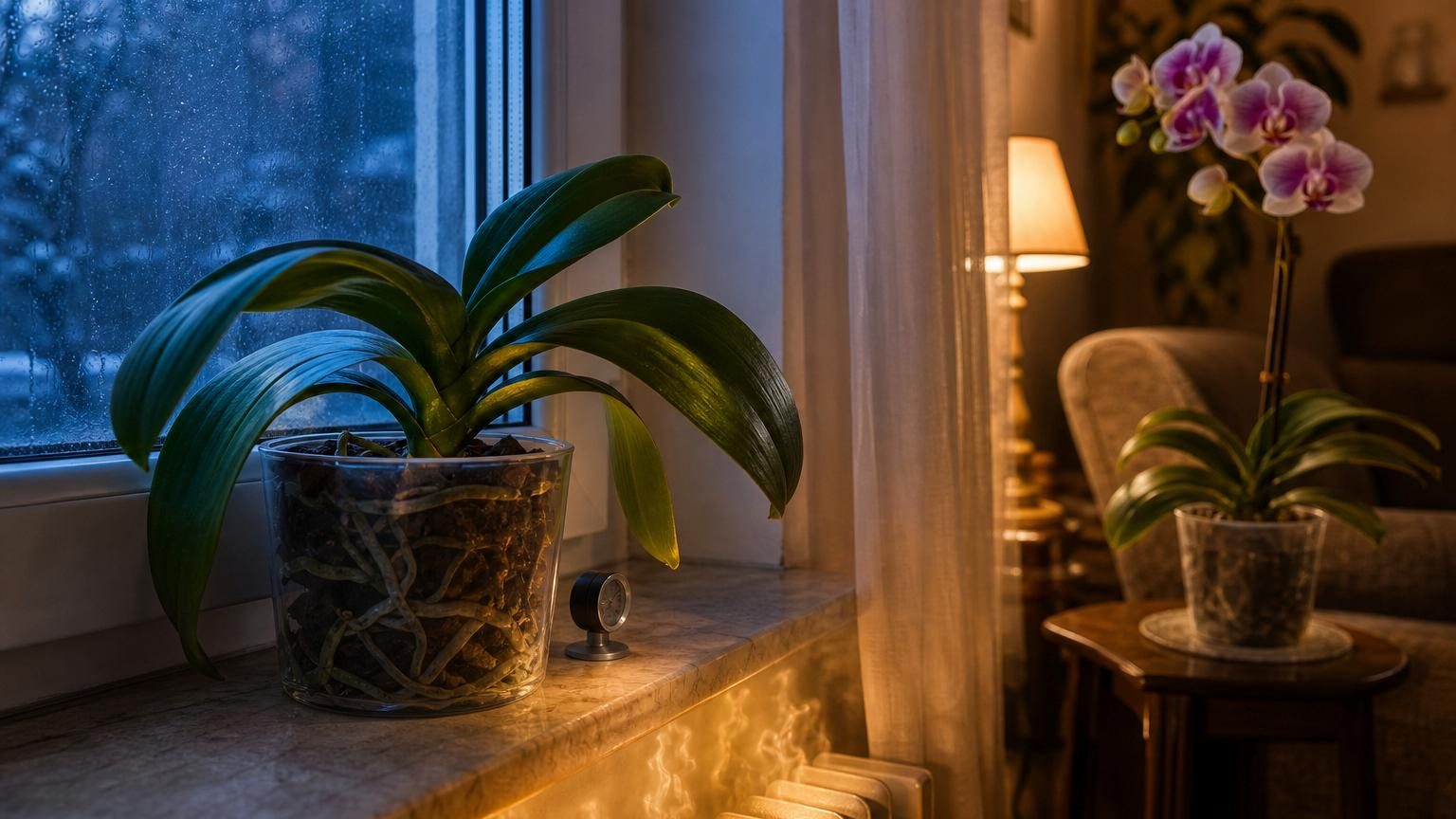 Orchidée en pot posée sur un rebord de fenêtre avec un thermomètre à proximité, montrant la vitre froide en arrière-plan et un radiateur chauffant en bas.
