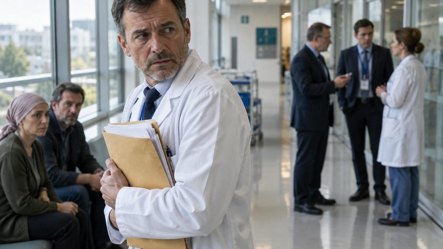 Une femme tenant un devis médical, assise dans les couloirs d'un hôpital moderne, l'air préoccupée et questionnante face aux recommandations d'orientation vers des traitements à l'étranger.