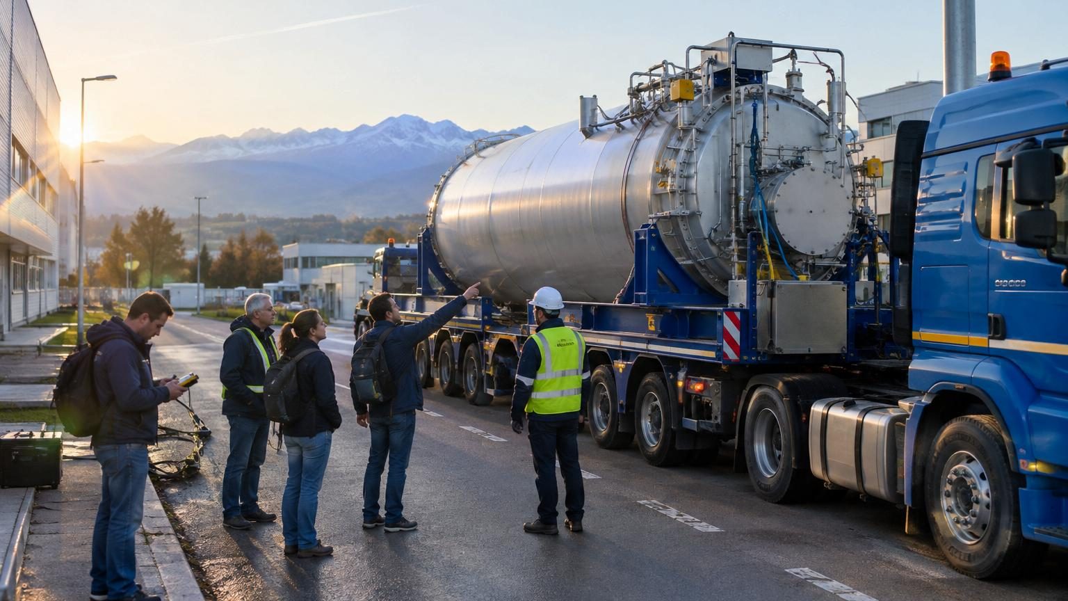 Un camion jaune transportant un caisson métallique contenant un piège cryogénique d'antimatière, escorté par des véhicules gyrophares allumés sur le campus du CERN, sous la supervision de plusieurs scientifiques en casque.