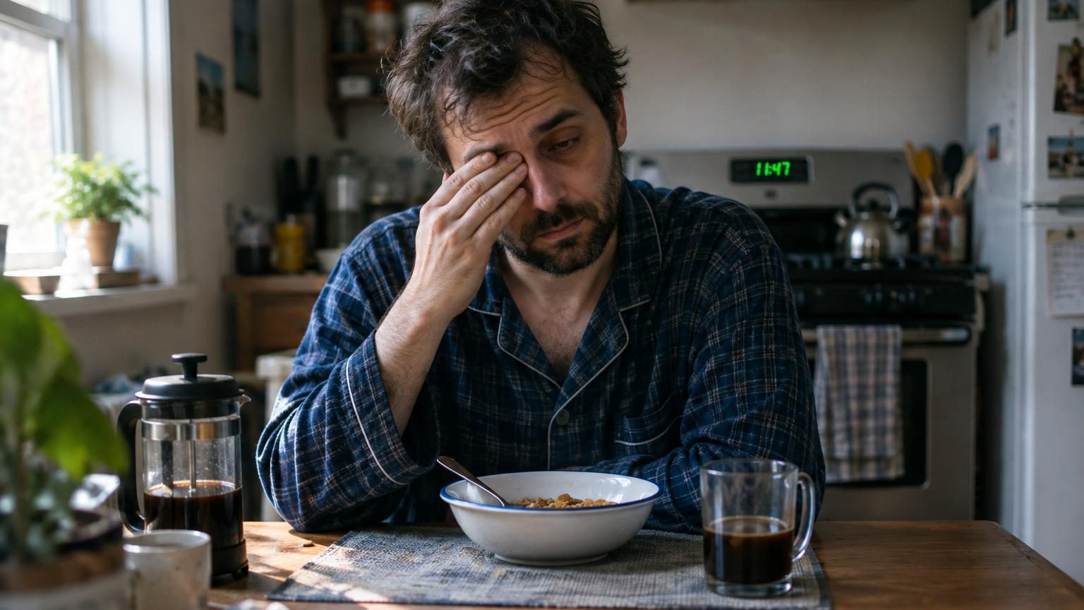 Senior homme assis à une table, regardant une montre, tasse de café devant lui, exprimant une réflexion sur l'heure du petit-déjeuner.