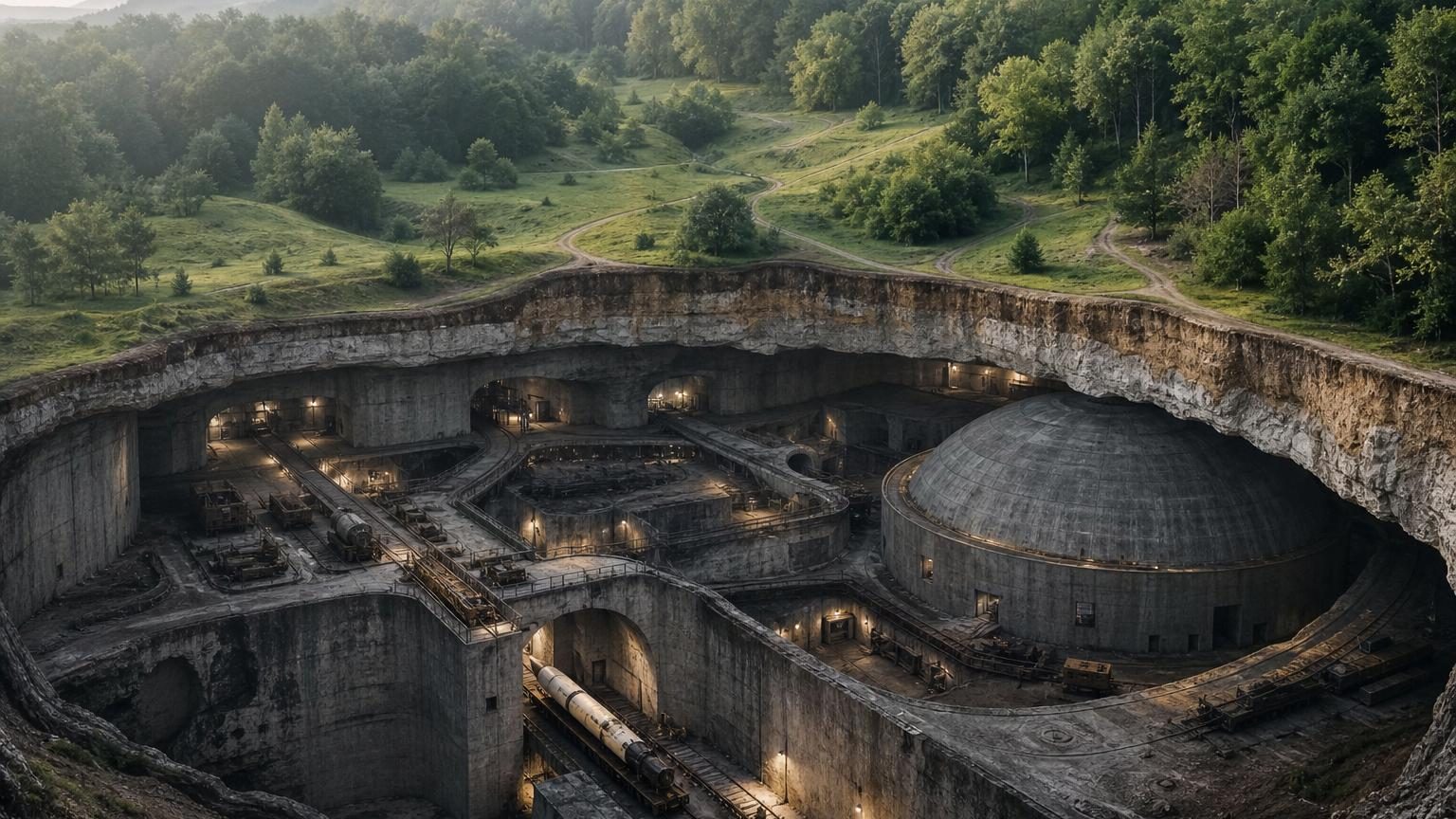 Dôme de béton gris de plusieurs dizaines de mètres de diamètre, posé comme un couvercle sur une colline boisée du Pas-de-Calais, entouré de nature.