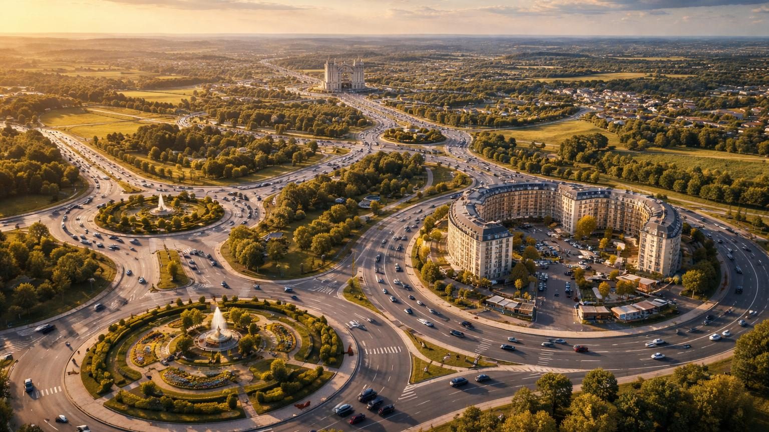 Aérien d'un grand rond-point français avec voies multiples, terre-pleins centraux paysagers et circulation automobile organisant le carrefour giratoire typiquement gaulois.