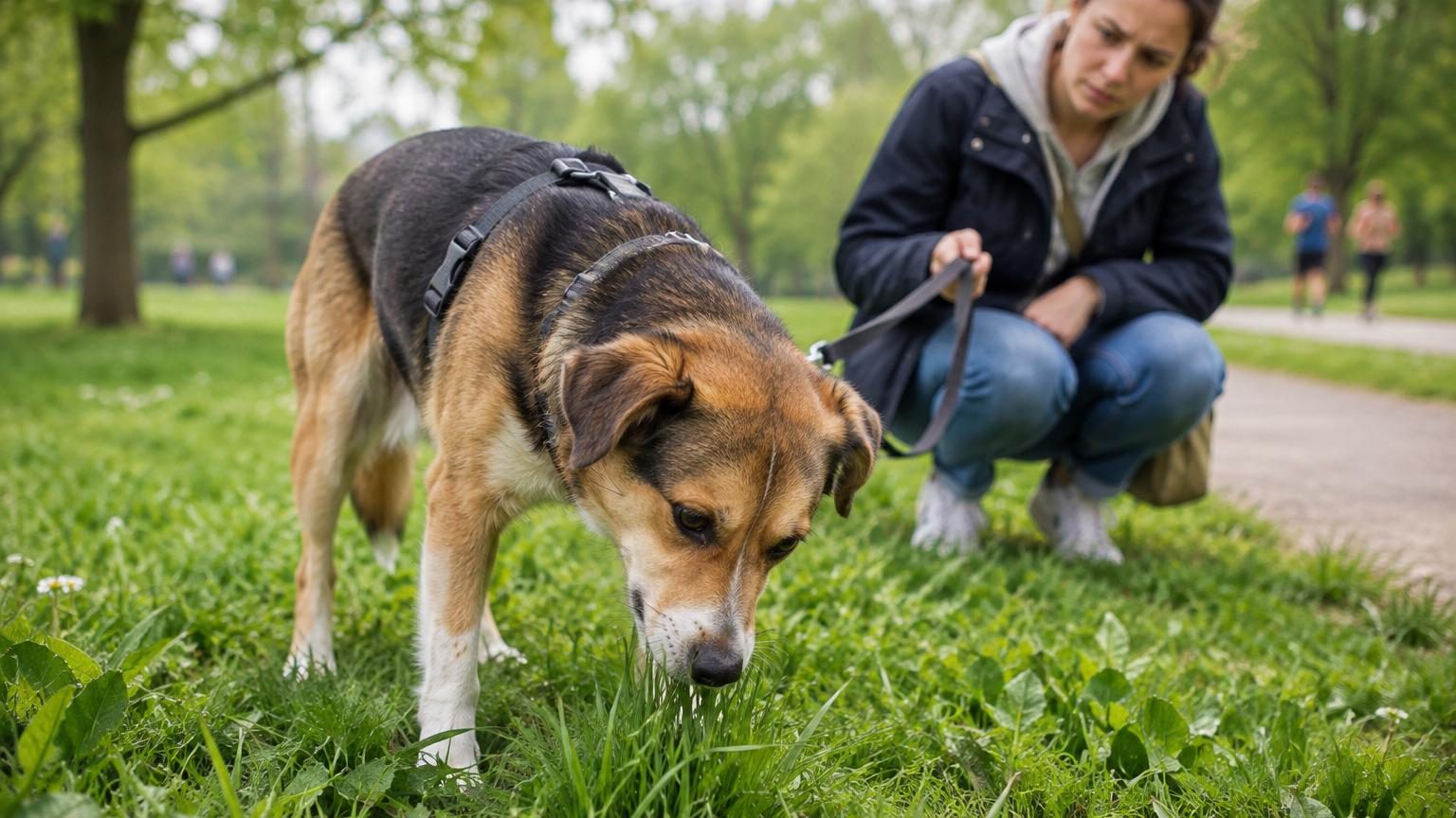 Chien au pelage clair broutant de l'herbe verte lors d'une promenade printanière en extérieur