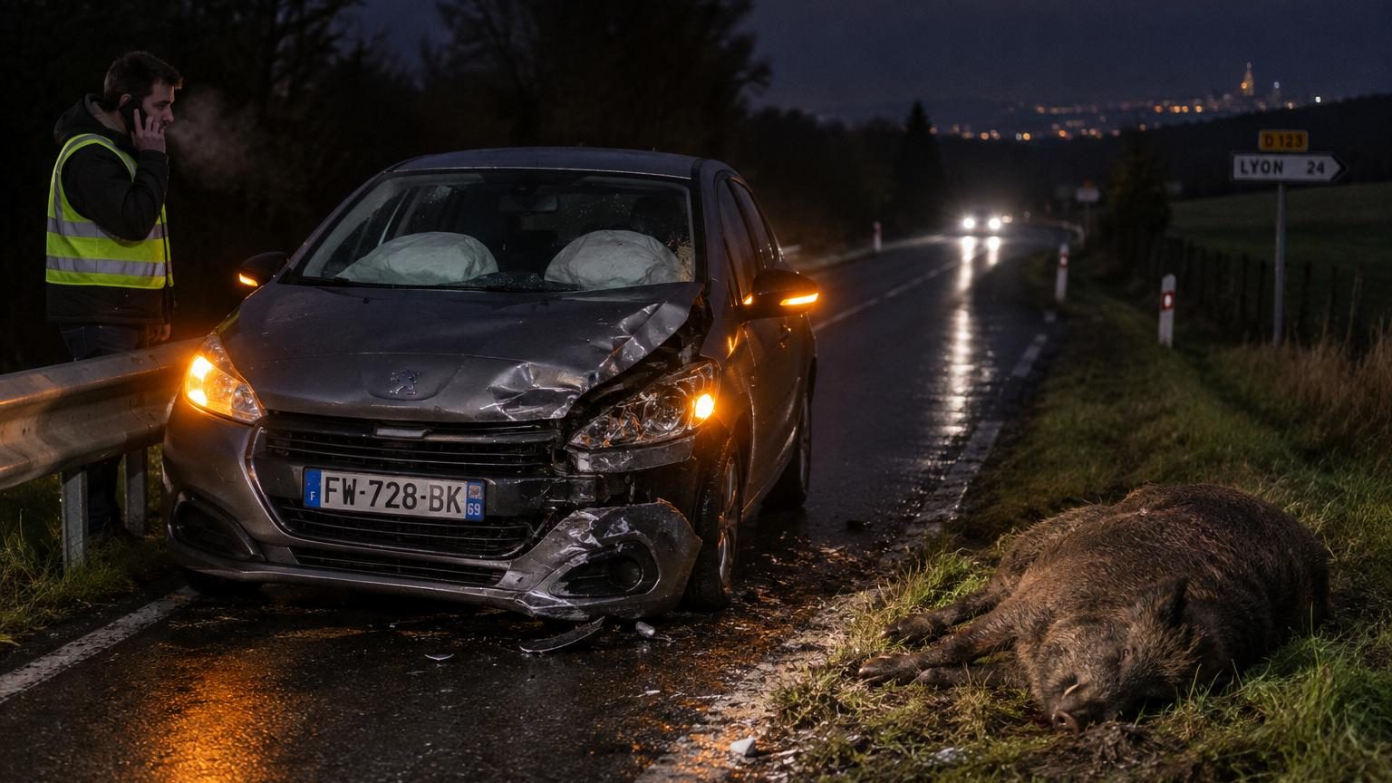 Une Clio grise gravement endommagée à l'avant sur une départementale près de Lyon, avec le capot en accordéon et le pare-brise en étoile, un sanglier mort ou agonisant sur le bas-côté, phares de secours au loin dans la nuit.