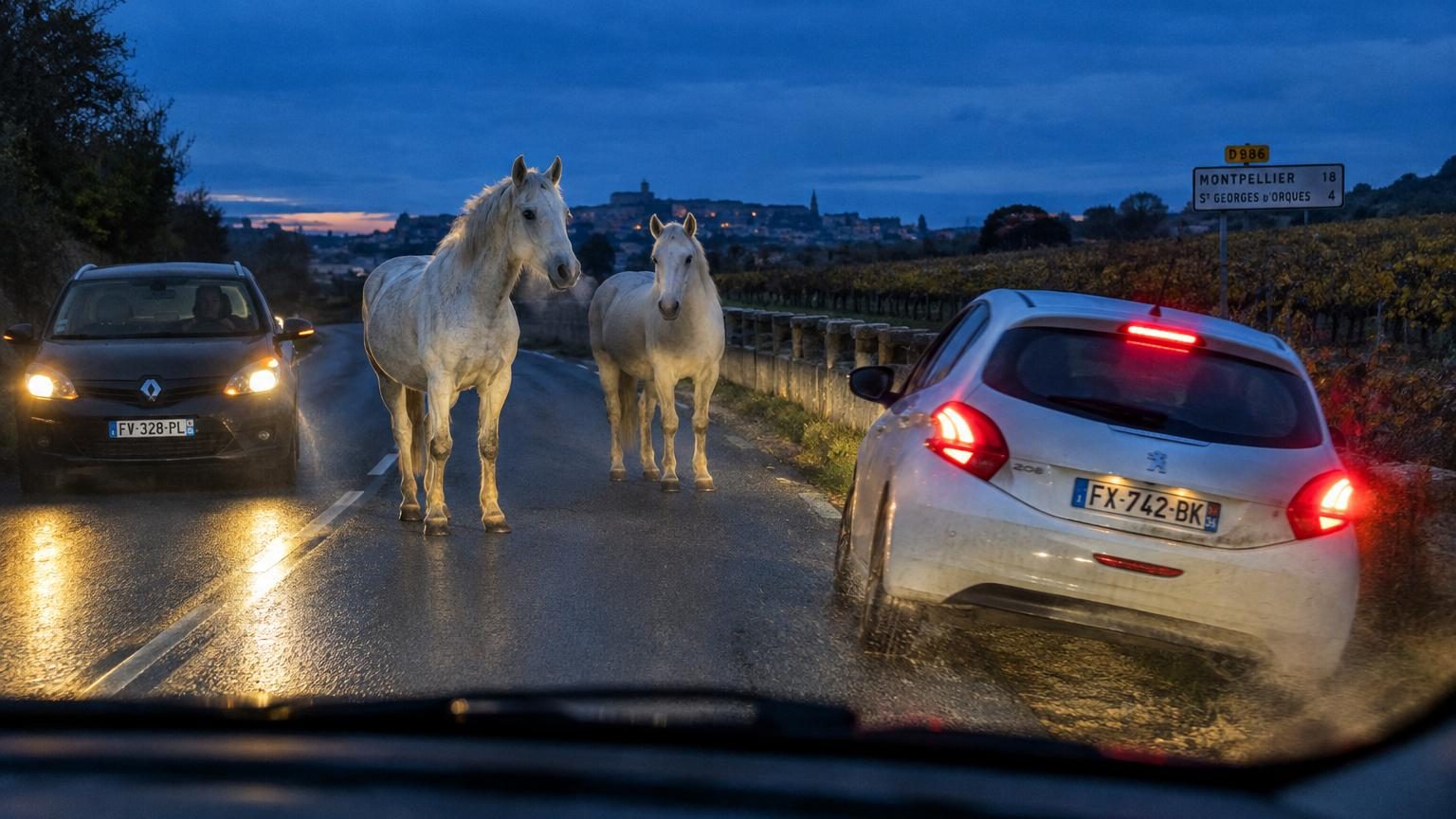 Deux chevaux de robe claire immobiles au milieu d'une chaussée mouillée la nuit, avec les phares des véhicules qui éclairent leurs silhouettes arrêtées entre les lignes blanches.
