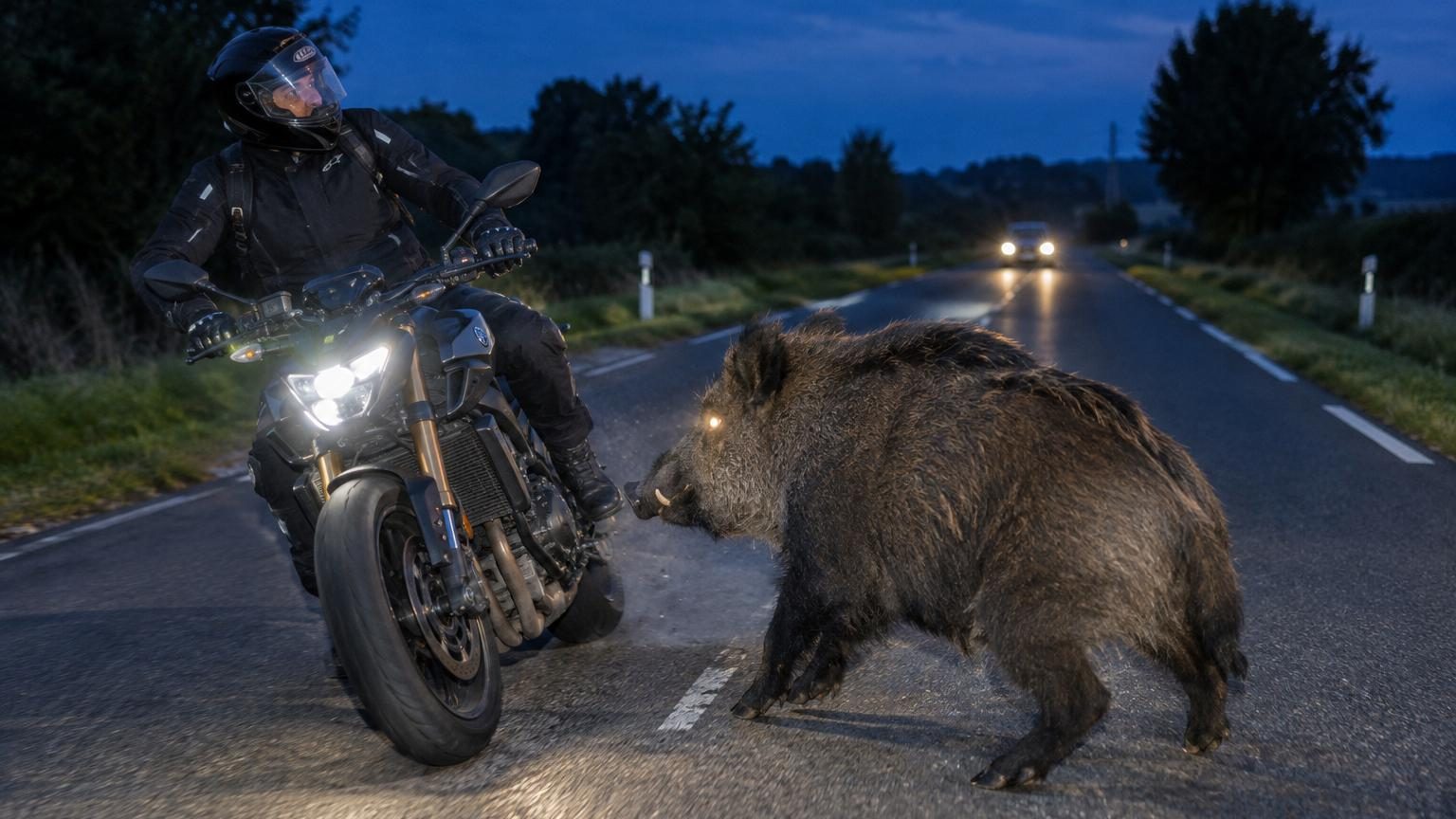 Un motard sur une route de campagne la nuit, avec un sanglier surgissant d'un fossé en travers de la chaussée, illustrant le danger des collisions avec la faune sauvage.