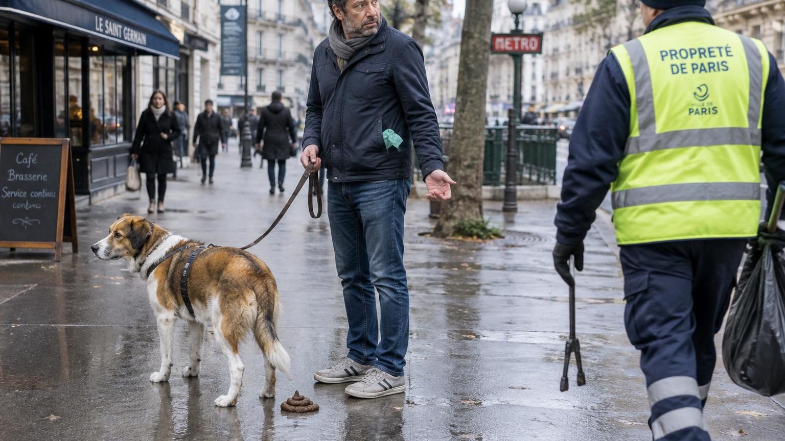 Propriétaire promenant son chien en laisse dans une forêt printanière avec des arbres en fleurs et une végétation dense