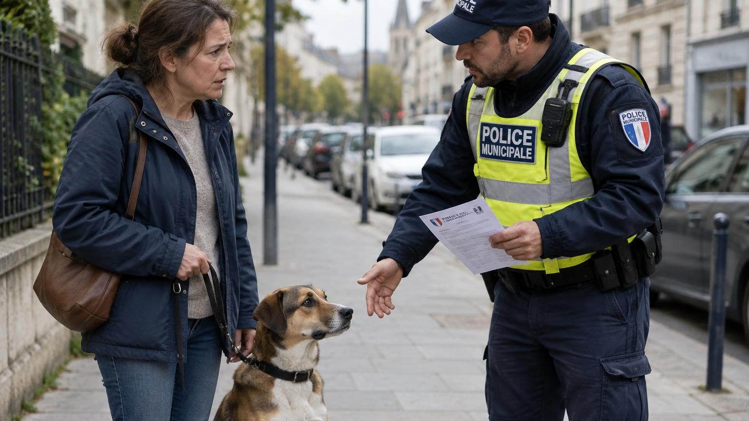 Illustration d'un propriétaire signant un document administratif avec un chien à ses côtés dans un foyer familial