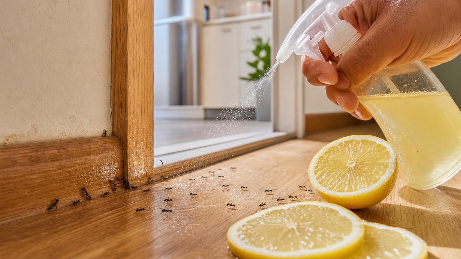 Un demi-citron frais coupé posé sur une surface de cuisine, prêt à être utilisé contre les fourmis.