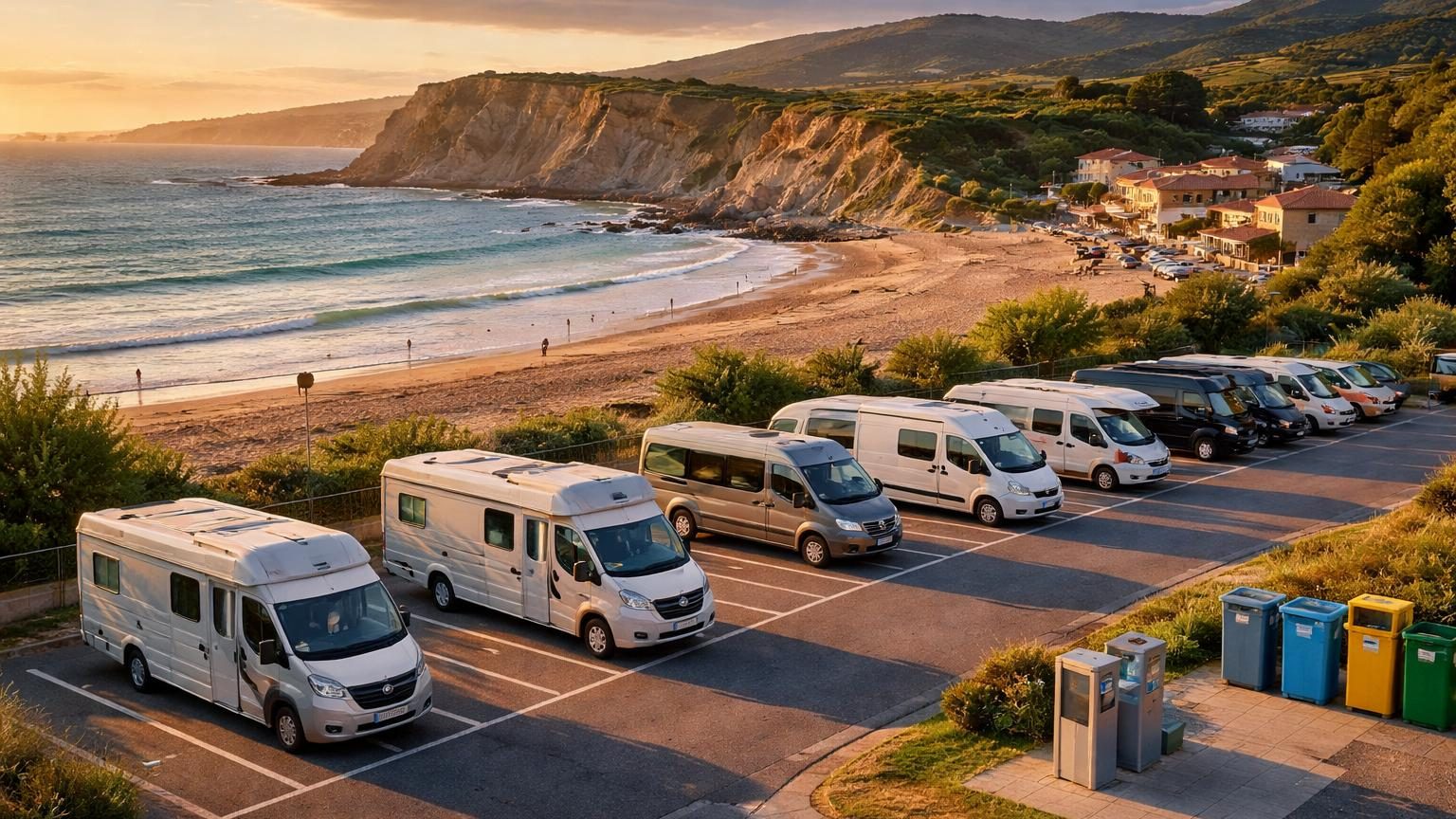 Vue aérienne du parking d'Urko à Sopela avec des emplacements de camping-cars tracés au sol, équipé de points de vidange et conteneurs à déchets, face aux plages côtières basques.