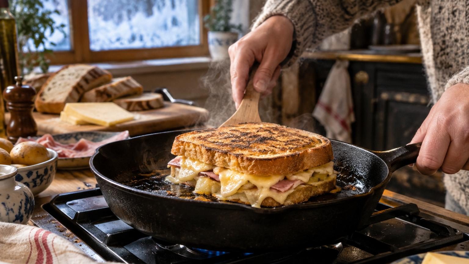 Quand il gèle, je prépare ce toastie raclette à la poêle : 4 ingrédients et 15 minutes suffisent