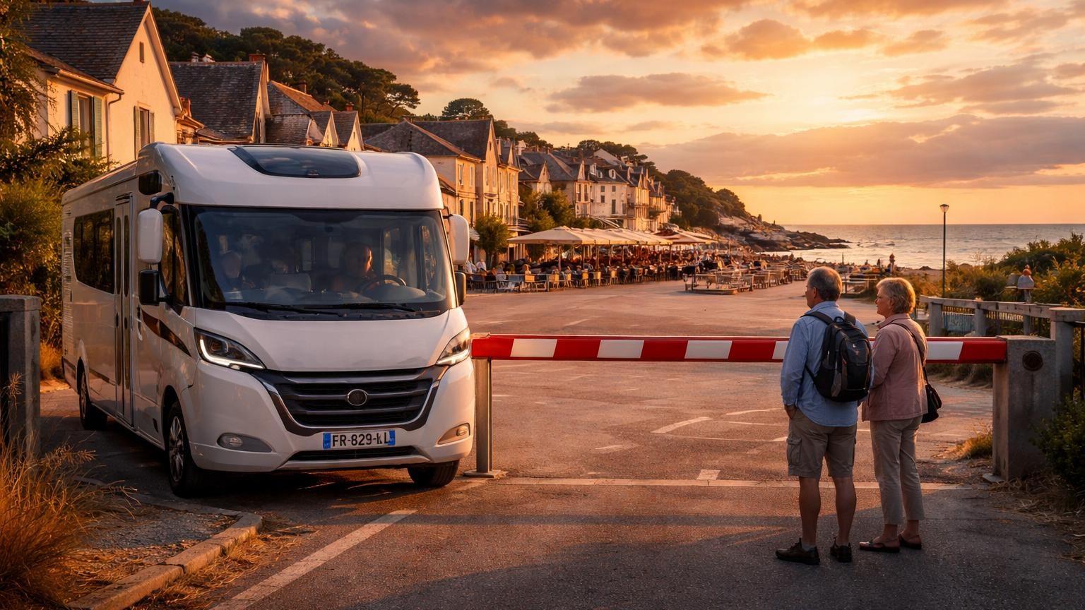 Un couple de retraités, Pascal et Patricia, posant devant leur camping-car intégral Mobilvetta dans un parking, avec des barres de hauteur visibles en arrière-plan bloquant l'accès.
