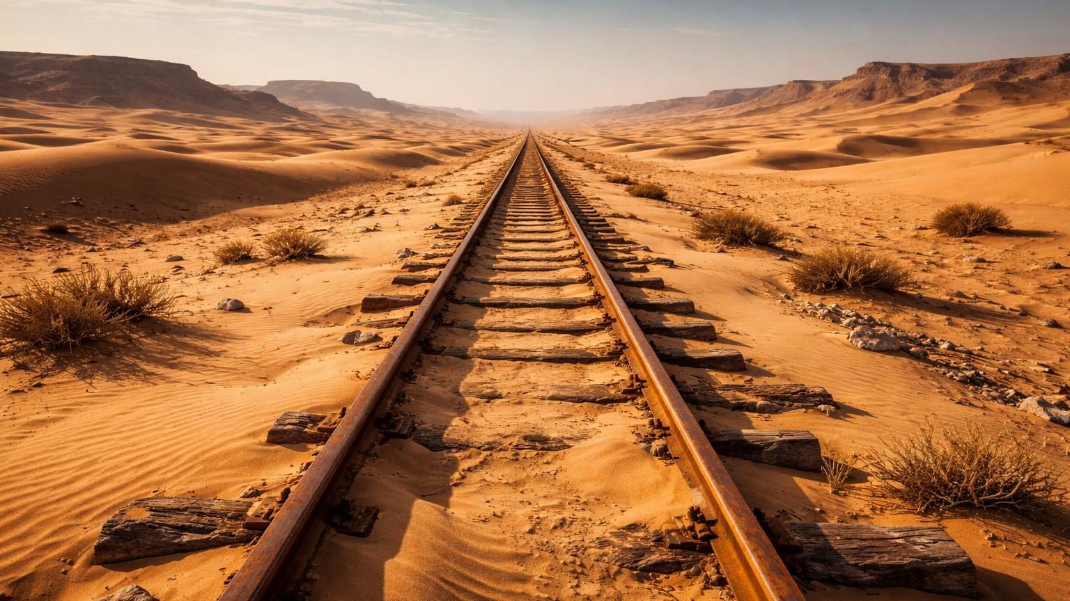 Deux rails rouillés et parallèles s'étendant à travers le désert sablonneux du Sahara algérien, partiellement ensevelis sous le sable, disparaissant à l'horizon sans infrastructure ferroviaire visible.
