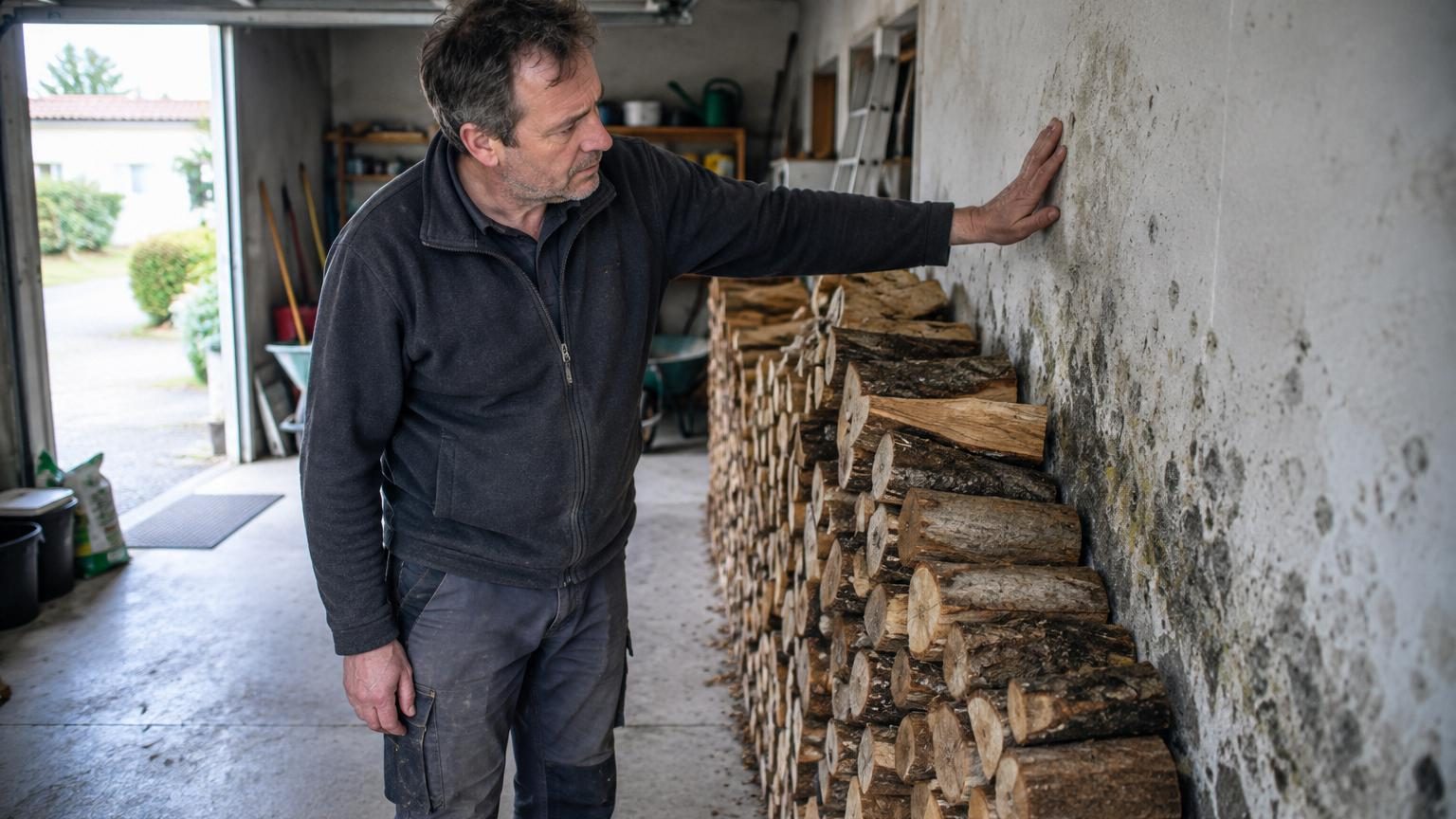 Quatre stères de bois stockés dans un garage attenant : le souci apparaît sur les murs dès les premières semaines