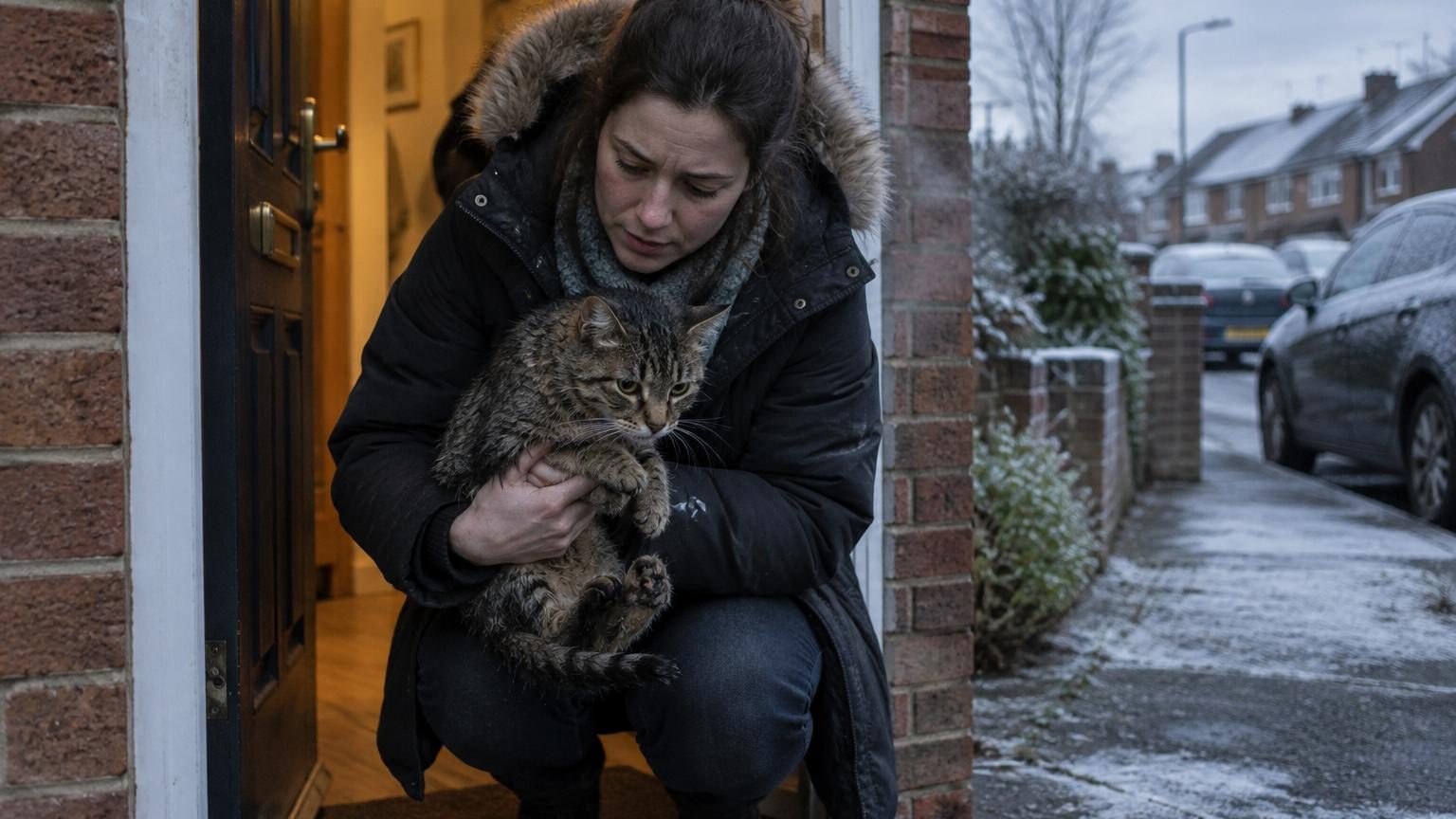 Un chat gris pelotonné sous une couverture près d'une fenêtre enneigée, cherchant la chaleur par temps froid.
