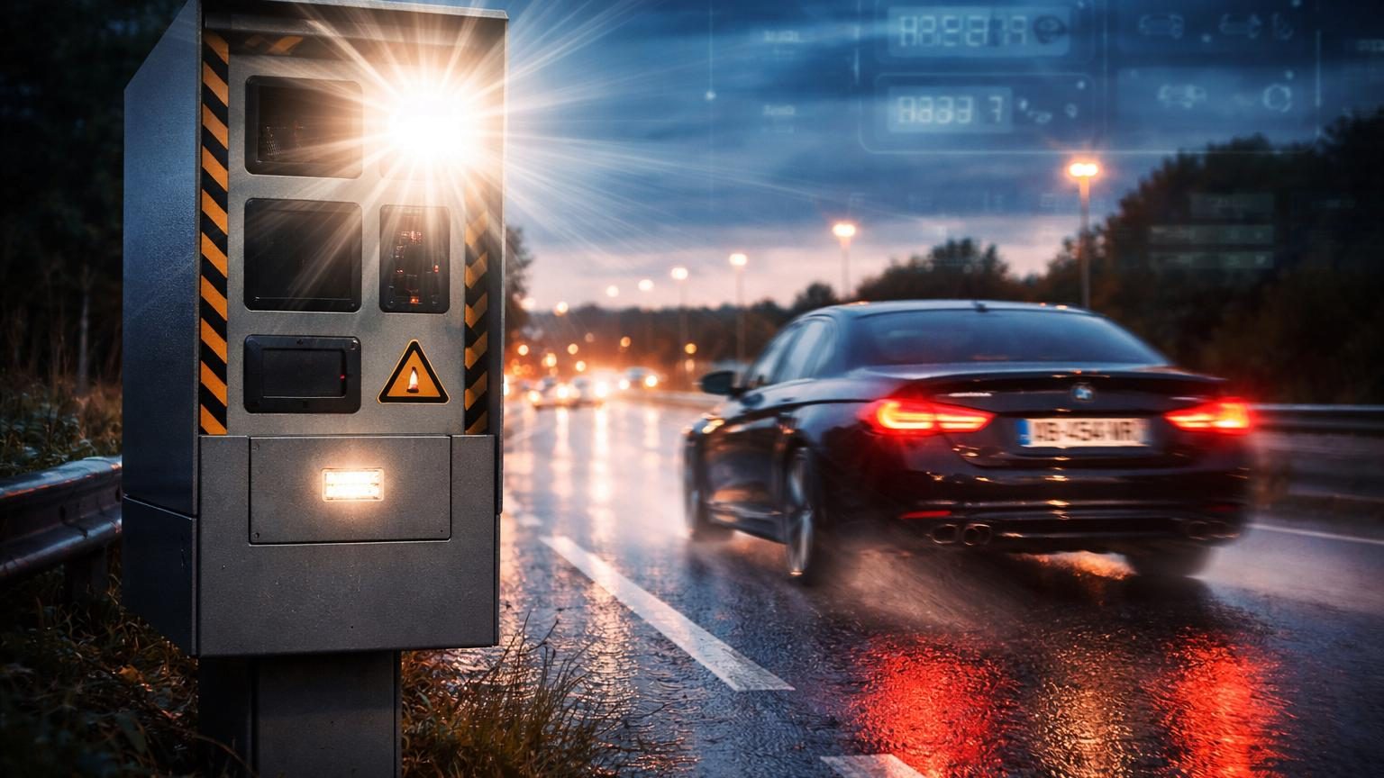 Panneau de radar automatique en bord de route avec signalisation routière, illustrant le contrôle du trafic automobile et la sécurité routière.