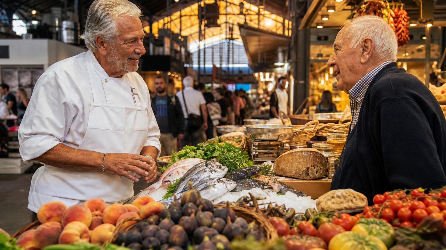 Étal de marché couvert avec fruits et légumes frais exposés, clients en arrière-plan discutant avec des vendeurs sous l'éclairage artificiel d'une halle traditionnelle.