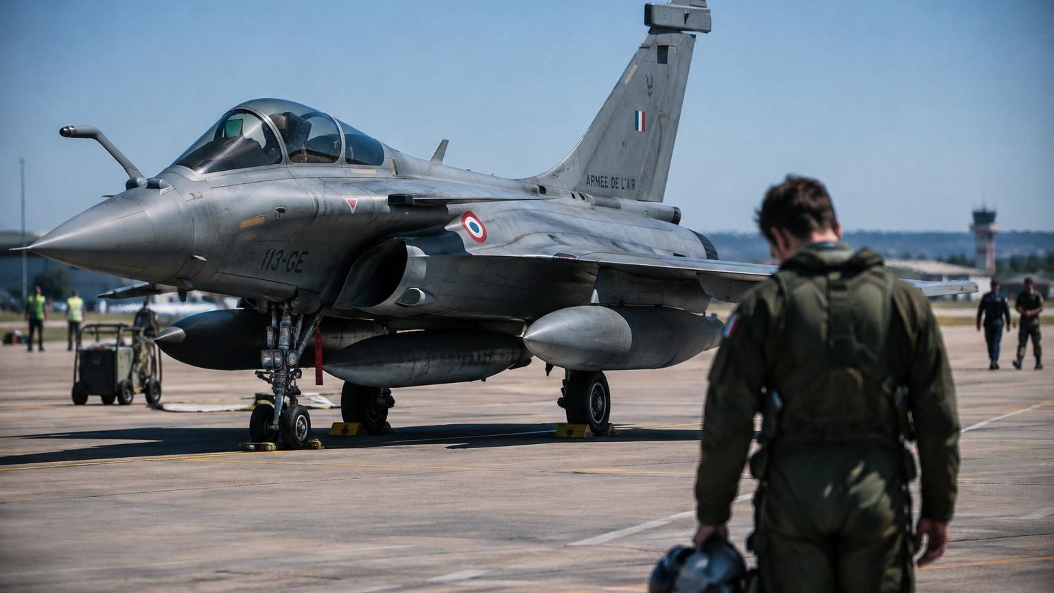 Avion de chasse Rafale en vol, symbole de la technologie militaire française face aux défis de disponibilité des pilotes.