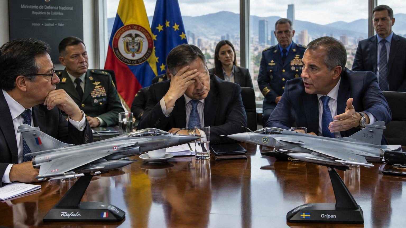 Salle de réunion officielle où des conseillers colombiens examinent des documents de contrat d'armement, avec une tension palpable après l'annulation d'un accord sur les chasseurs Rafale.